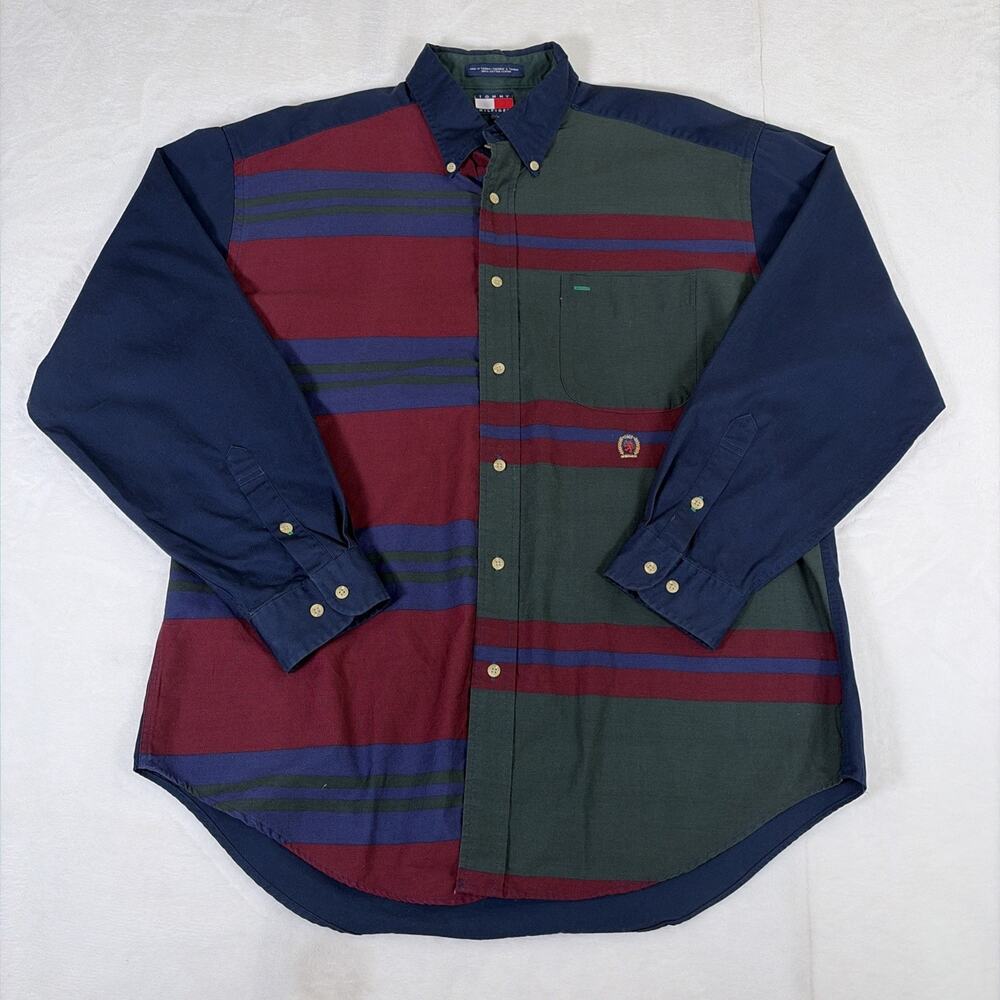 Vintage Tommy Hilfiger Button Down Color Block Shirt Size Large Long Sleeve